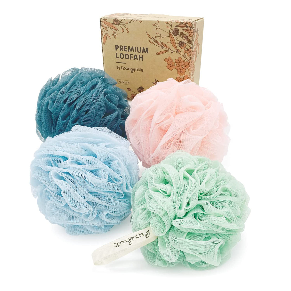Spongentle Premium Deep Cleansing Loofah Sponge for Radiant Skin, Pack of 4, Bath and Shower, Exfoliating Body Scrubber, Beautiful Colors for Women and Men