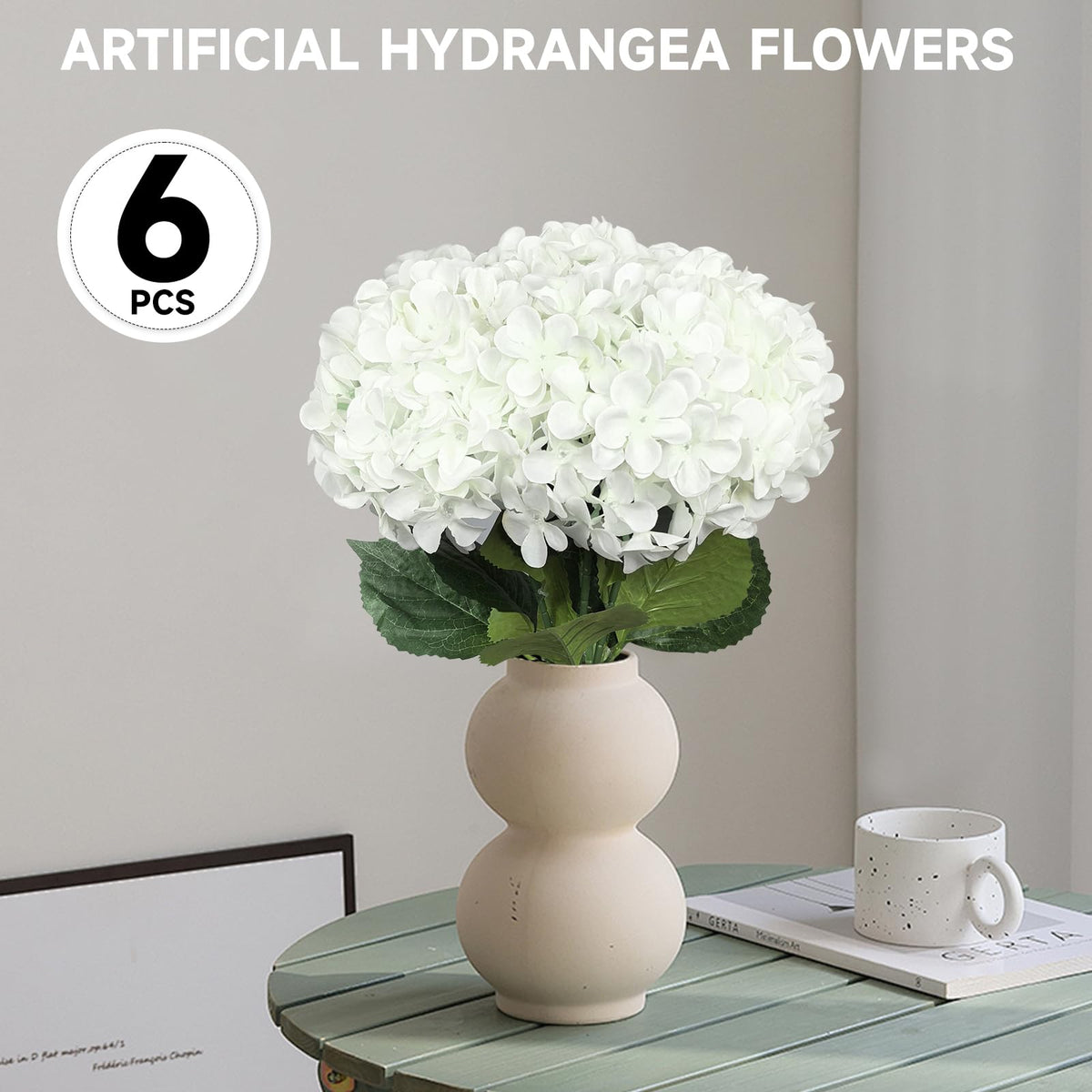 Subacy 6 PCS Artificial Hydrangea Flowers, Faux Silk Hydrangea with Long Stems, Home Wedding Decor, Table Centerpieces, Party Decorations(White)