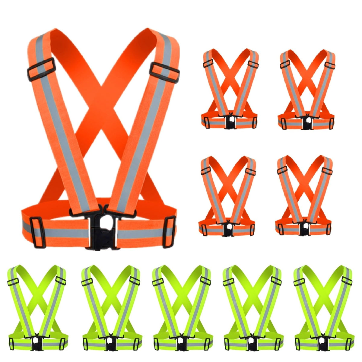 YUNLOVXEE Reflective Strap Safety Vest Gear - 2-10 Pack Adjustable High Visible Reflective Running Gear for Women Men Night (Greenx5+Orangex5)