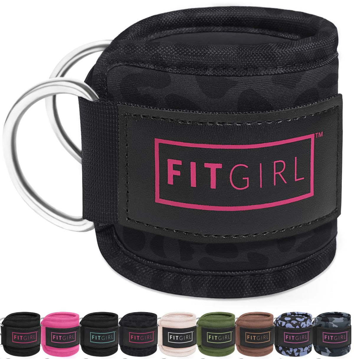 FITGIRL - Ankle Strap for Cable Machines and Resistance Bands, Work Out Cuff Attachment for Home & Gym, Glute Workouts - Kickbacks, Leg Extensions, Hip Abductors, for Women (Black Leopard, Pair)