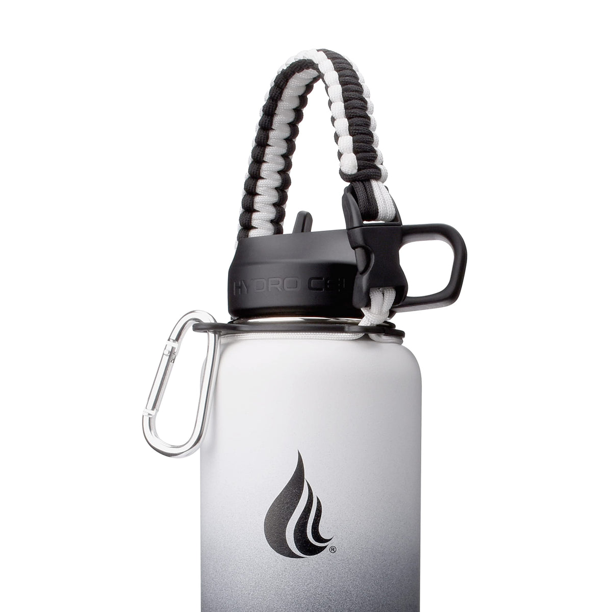 HYDRO CELL Paracord Handle for Wide Mouth Water Bottles - Carrier Strap w/Attachment Ring and Carabiner Accessory. Compatible w/ 64oz, 40oz 32oz, 24oz, 18oz, 14oz Insulated Bottles (Black/White)