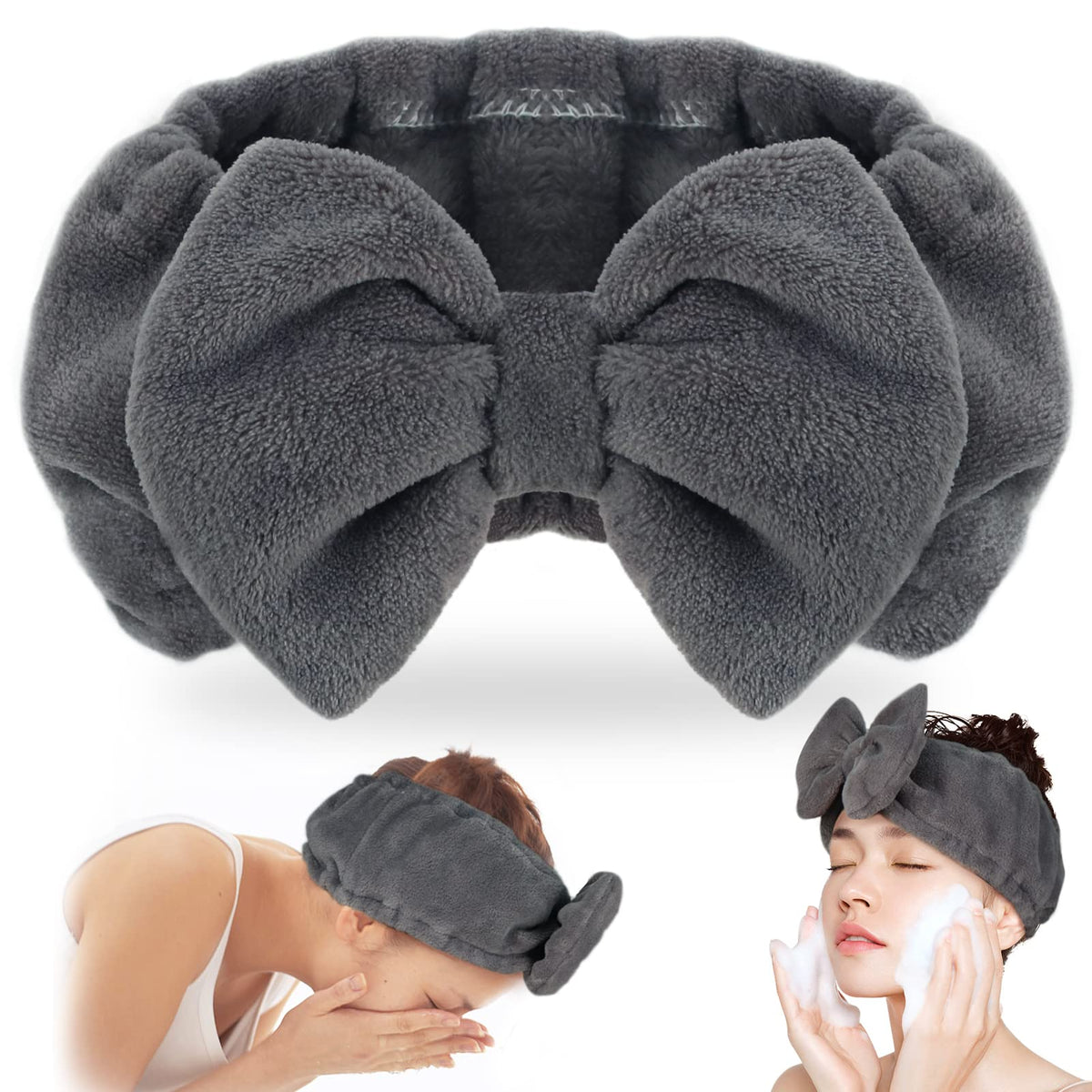Shintop Makeup Headband Soft Carol Fleece Spa Headband with Cute Bow Elastic Headwear for Washing Face Skincare Facial Mask Showers(Grey)