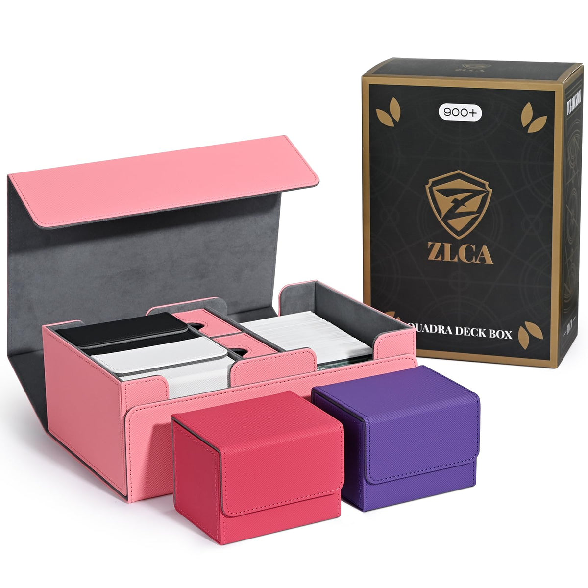 ZLCA Card Deck Box for Trading Cards with 4PCS Deck Cases, MTG Commander Deck Box Holds 900+ Single Sleeved Cards, PU Leather Magnetic Card Storage Box Fits for TCG CCG Magic Cards๏ผPink Set๏ผ