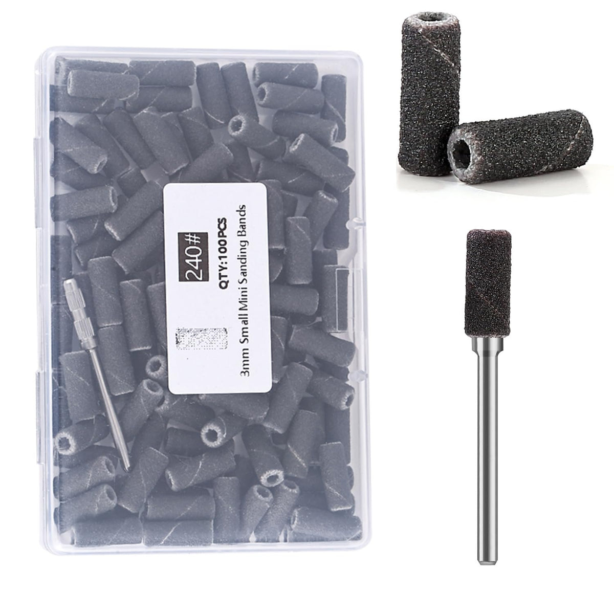 ERUIKA 100pcs Nail Drill Bits Small Sanding Bands with 3.1mm Mandrel Bit, 240 Extra Fine Grit Nail File Sanding Bands for Acrylic Nails Gel Removing Shaping Manicures and Pedicure (Black, 240 Grit)