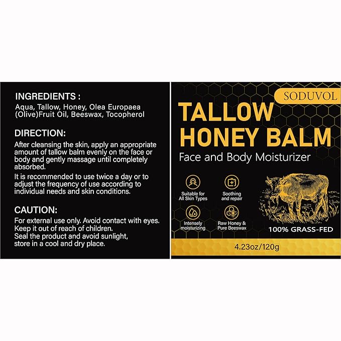 Organic Beef Tallow for Skin, Face & Body Moisturizer, Whipped Tallow Honey Balm Cream with Raw Honey, Grass Fed Cow Beef Tallow, All Natural Pure Body Lotion for Soft Smooth Skin, Unscented 4.2 OZ
