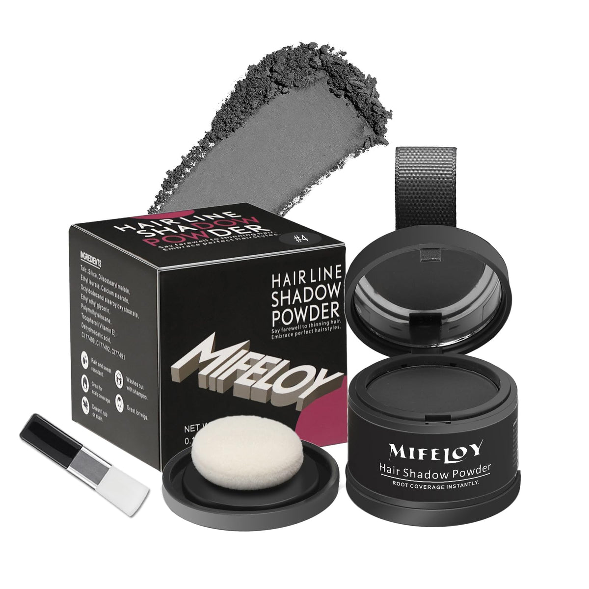 Mifeloy Root Touch Up Powder, Instantly Gray Hair Cover Up, Women Color Root Coverage Shadow Powder for Thinning Grey Hairline, Men Roots Concealer for Hair Loss Beard Line Eyebrow, Dark Gray