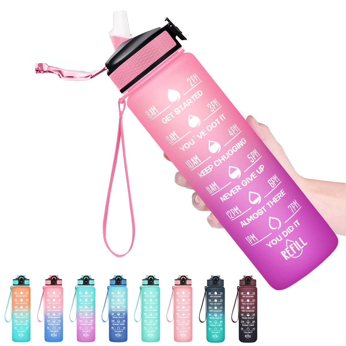 Hyeta 32 oz Water Bottles with Times to Drink and Straw, Motivational Water Bottle with Time Marker, Leakproof, Drinking Sports Water Bottle for Fitness, Gym and Outdoor