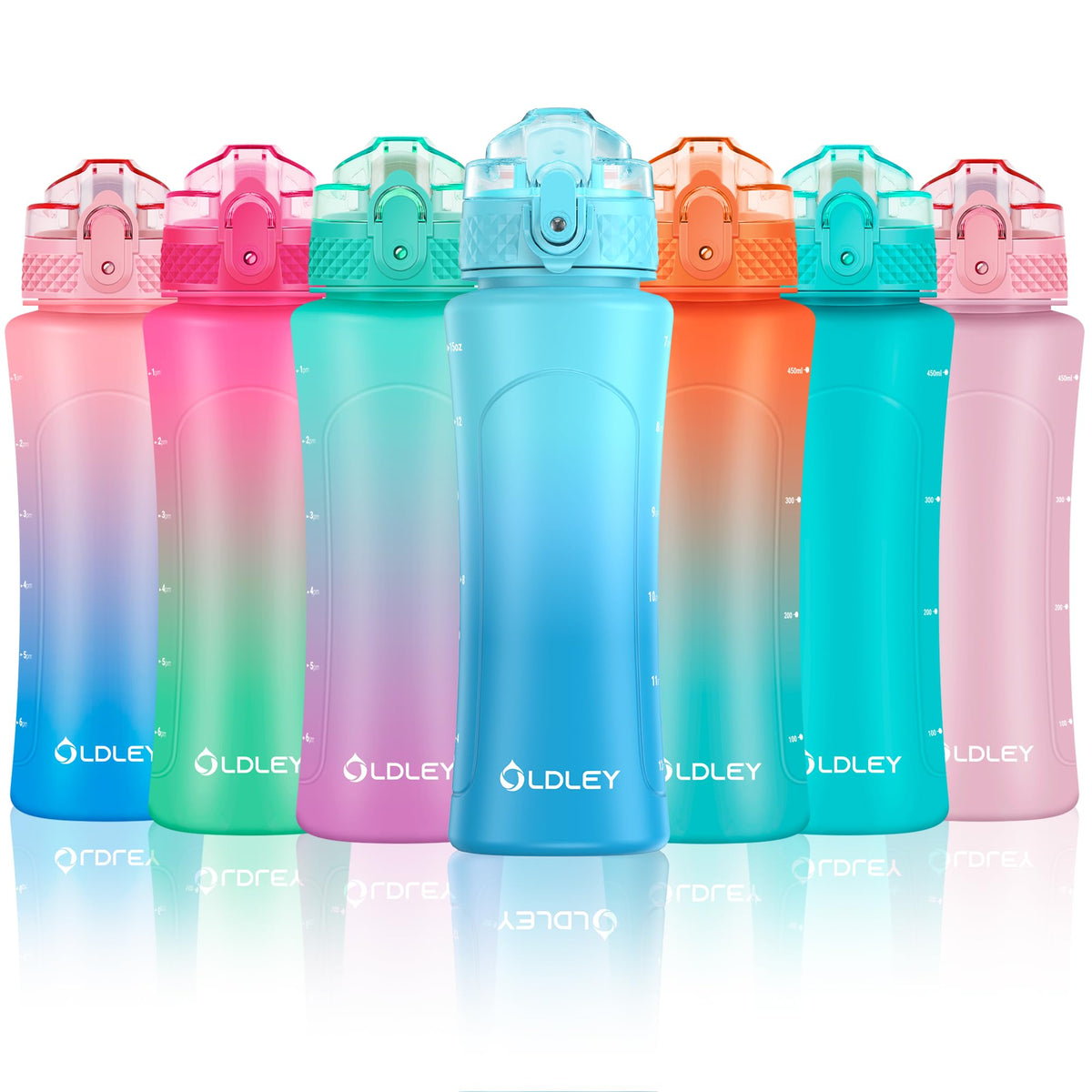 OLDLEY Kids Water Bottle with Straw 15 oz BPA-Free Leak-Proof Motivational Water Bottles with Time Marker for School Sports Travel Gym, Easy to Use for Girls Goys, 1 Straw Lid, Green Blue