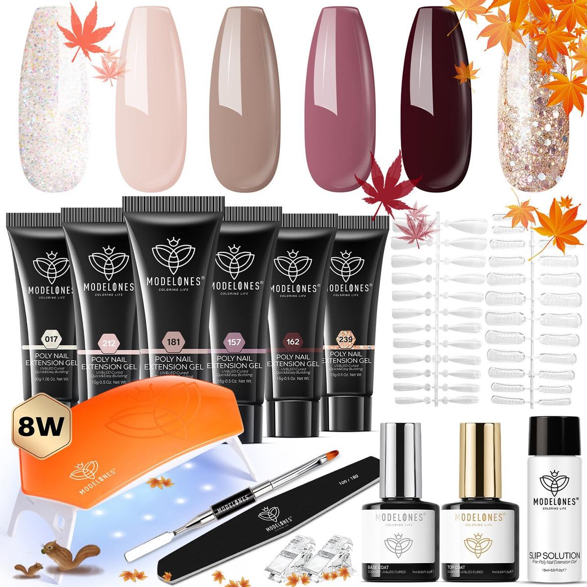 modelones Poly Extension Gel Nail Kit 6 Colors with 8 W Nail Lamp Brown Red Gel Kit Nude Glitter Complete Starter Tools for Beginner DIY at Home for Women