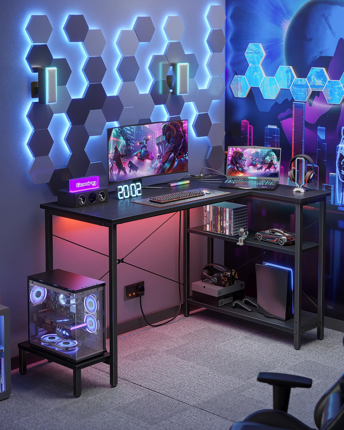 CubiCubi Small Computer Desk with Power Outlets, 40 Inch L Shaped Desk with CPU Stand & Reversible Shelves, Gaming Corner Desk Study Writing Table for Home Office Bedroom, Black