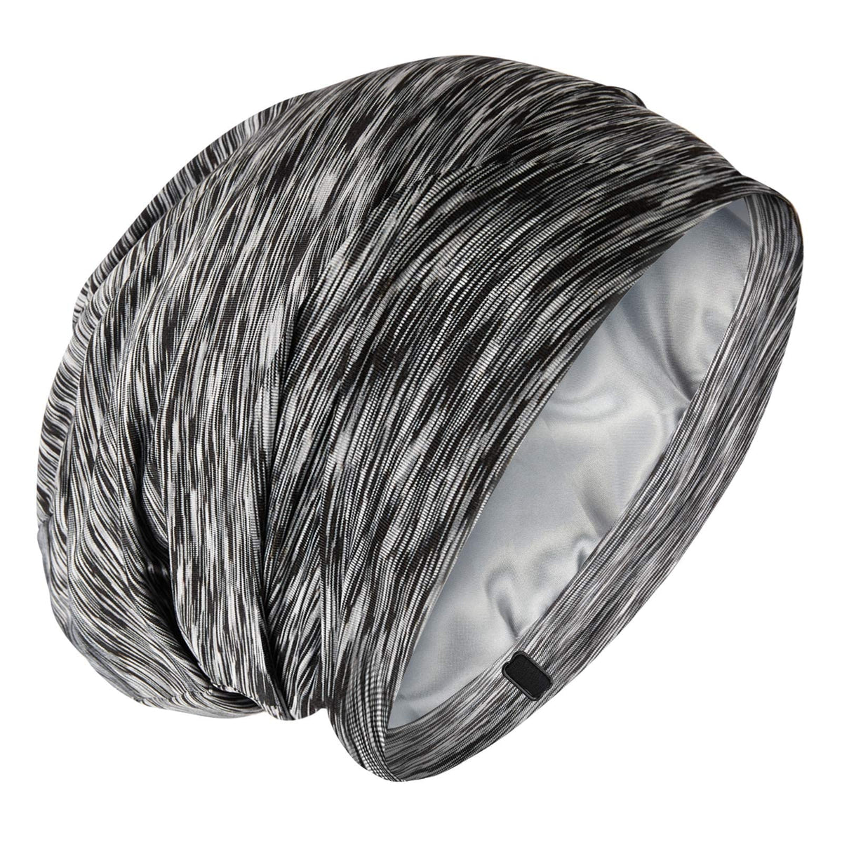 Silky Satin Lined Bonnet Sleep Cap - Adjustable Stay on All Night Hair Wrap Cover Slouchy Beanie for Curly Hair Protection for Women and Men - Heather Black
