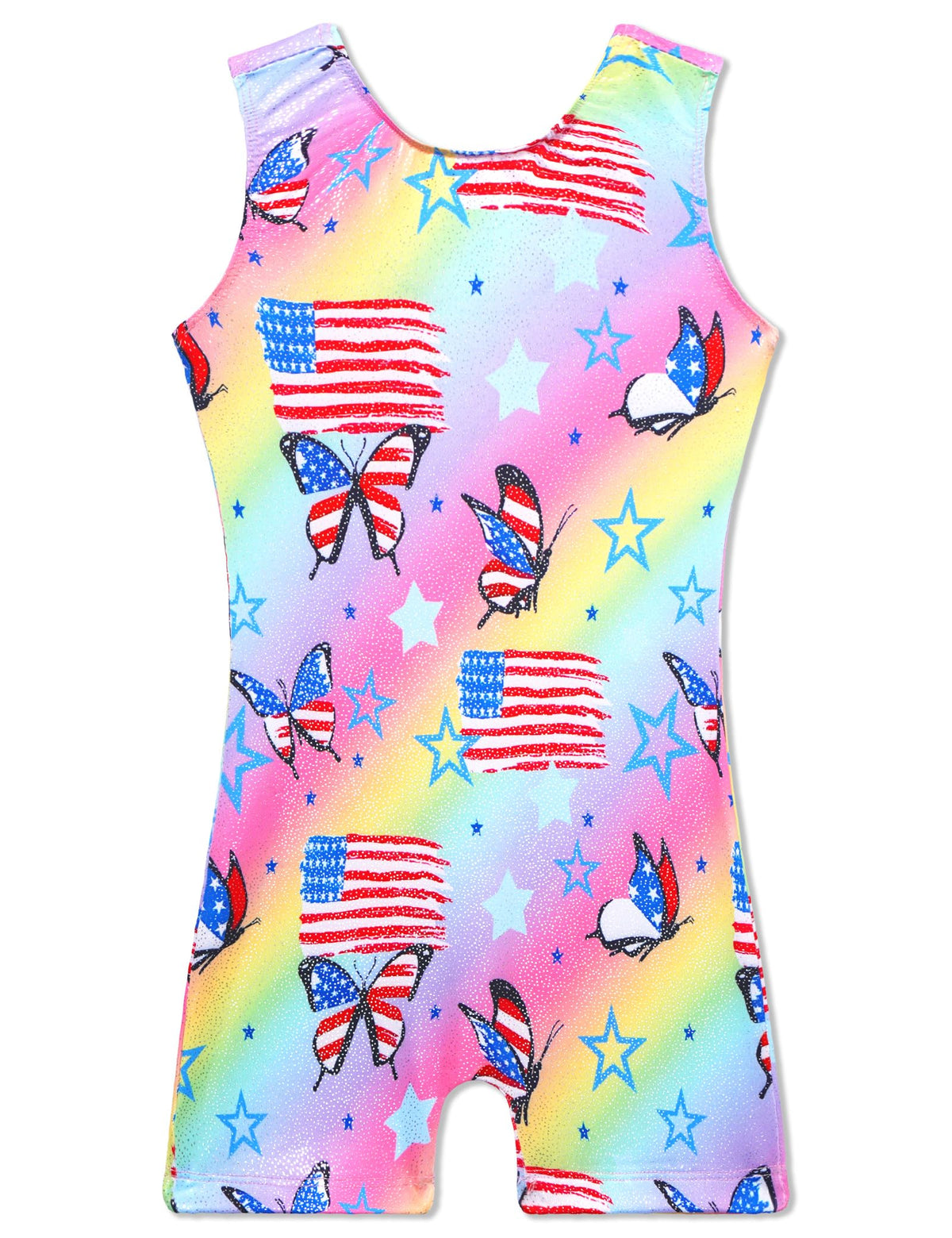 TENVDA Girls Leotards for Gymnastics Size 6-7 Years Old Sparkly Colorful Butterfly Pattern Professional Biketard Unitard