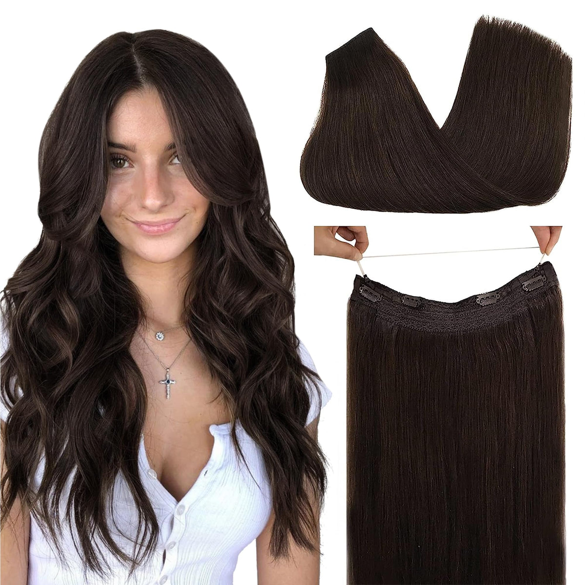 GOO GOO Wire Hair Extensions Human Hair, 2A Light Brown Natural 12inch 70g, Invisible Wire Hair Extensions with Transparent, Seamless Fish Line Hairpiece