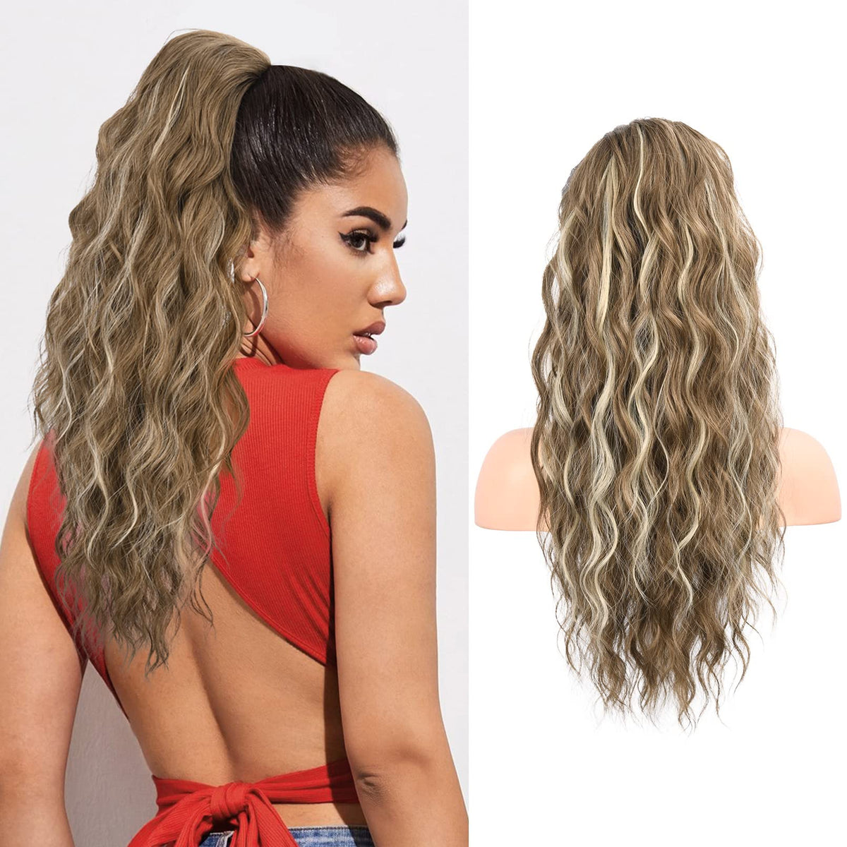 FLUFYMOOZ Ponytail Extension, 22 Inch Drawstring Ponytail Hair Extensions for Women, Long Curly Wavy Ponytail Natural Wavy Synthetic Hairpiece for Women (22 Inch Medium Brown Ash Blonde)