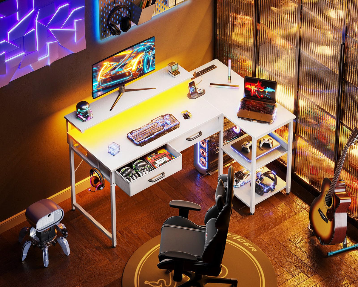 Coleshome 40 Inch L Shaped Gaming Desk with 2 Drawers & Storage Shelves, Computer Desk with USB Ports, Study Writing Table for Bedroom, Simple Modern Laptop Desk for Home Office, White