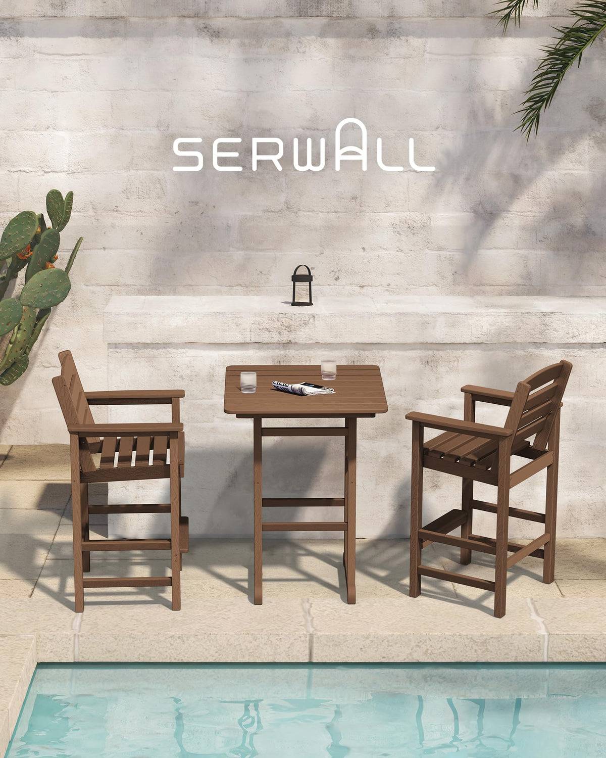 SERWALL Tall Adirondack Chairs Set of 2, Balcony Adirondack Chairs Set, Outdoor Bar Height Barstools Chair Set for Bistro, Poolside, Garden, Brown
