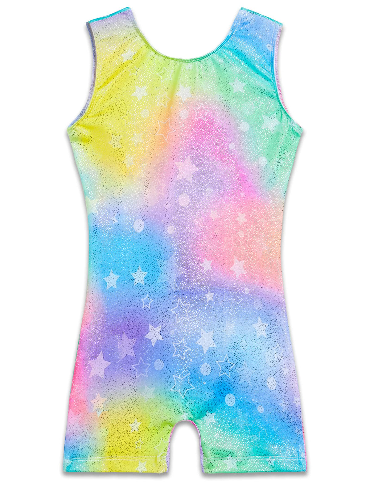 TENVDA Gymnastics Leotards for Girls 5-6 Years Old Sparkly Colorful Star Print Sleeveless Biketard with Shorts Tumbling Unitard
