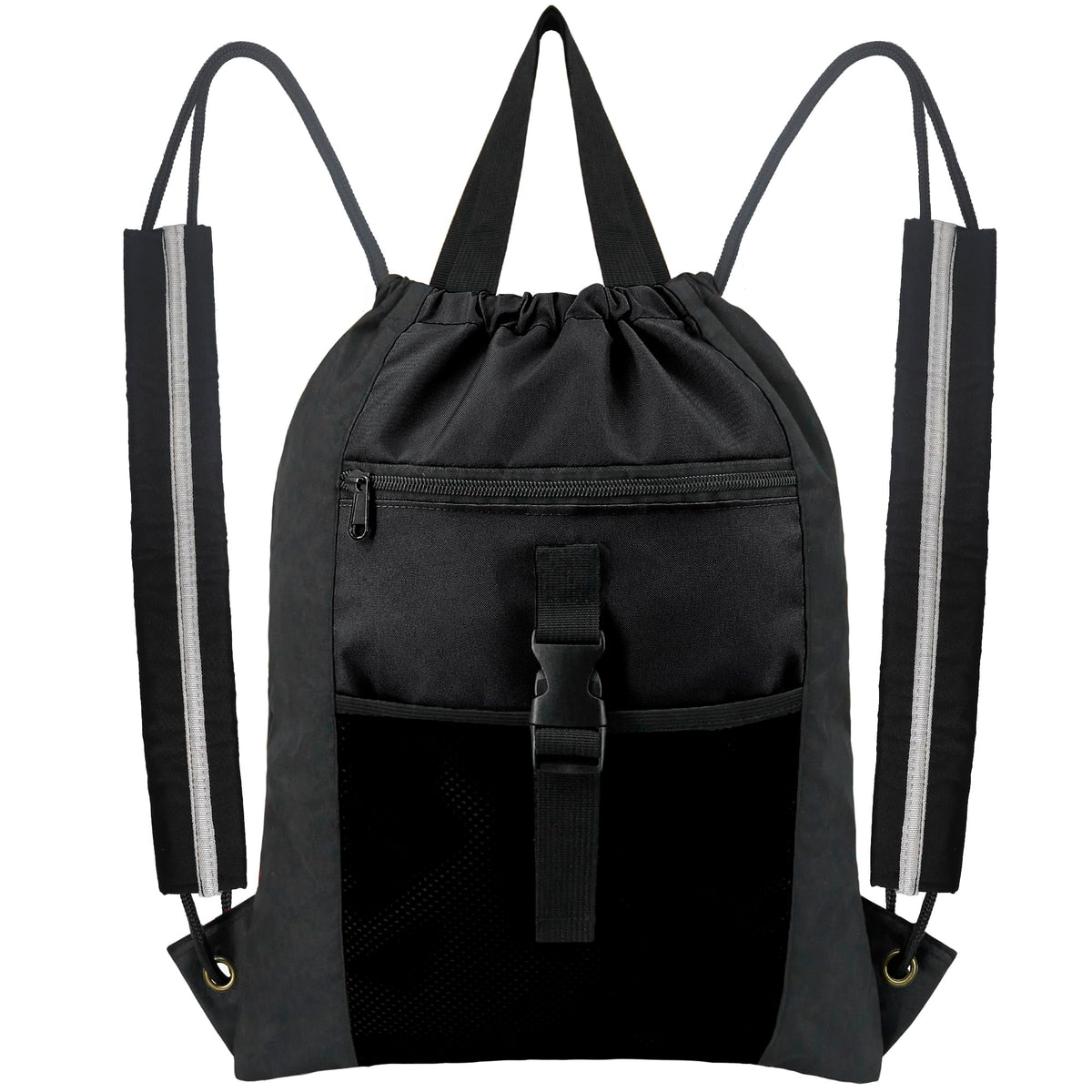 BeeGreen Drawstring Backpack X-Large Gym Bag with Inner Zipper Pocket for Men Women Waterproof Basketball Soccer Sport Bag w Mesh & Zipper Pocket Cinch Sack Black
