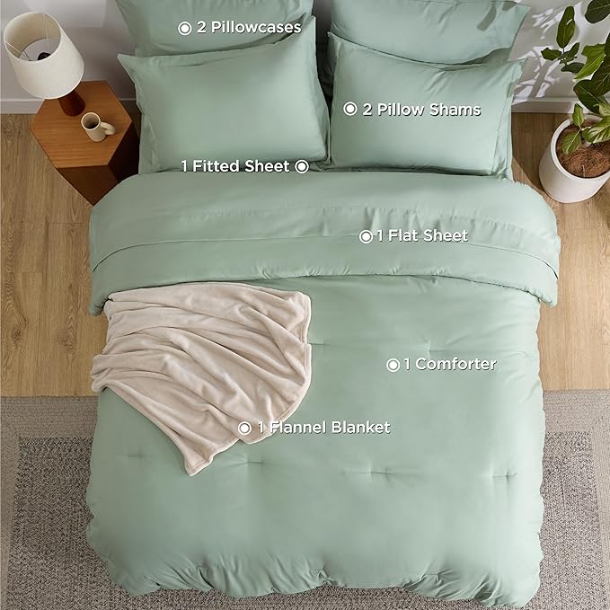 Bedsure Queen Comforter Set Sage Green, 8 Pieces Prewashed Queen Size Bed in a Bag with Soft Fleece Bed Blanket, Down Alternative Bedding Set for All Seasons, Sheets, Pillowcases & Shams