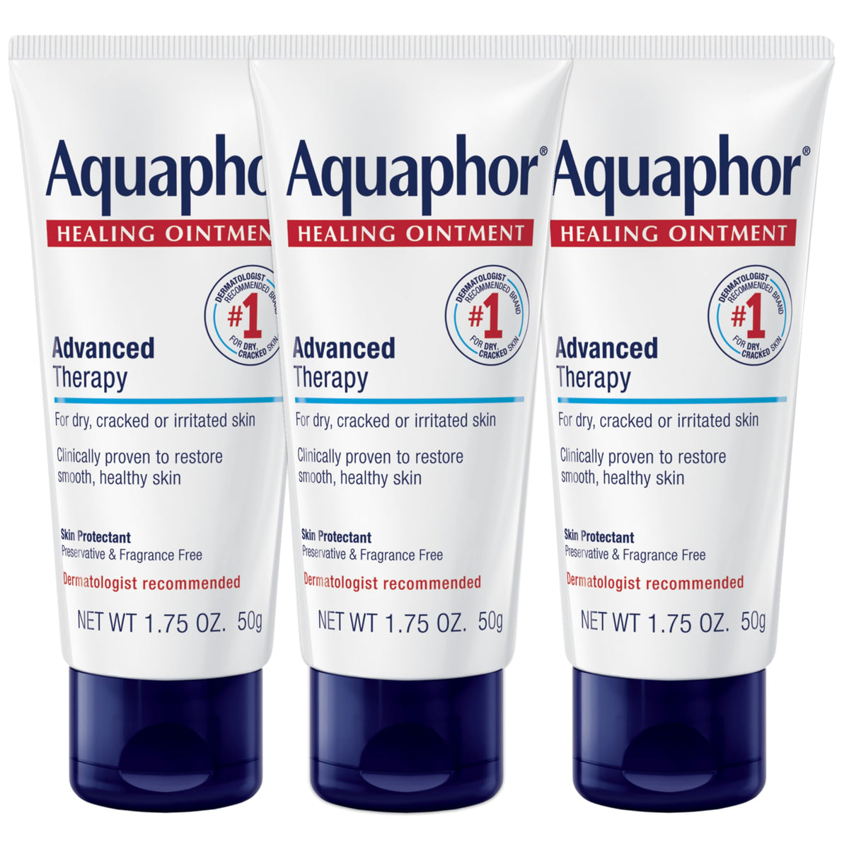 Aquaphor Healing Ointment Advanced Therapy Skin Protectant, Body Moisturizer for Dry Skin, Minor Cuts and Burns, Dry Cuticles, Cracked Heels, Hands and Lips, 1.75 Oz Tube, Pack of 3