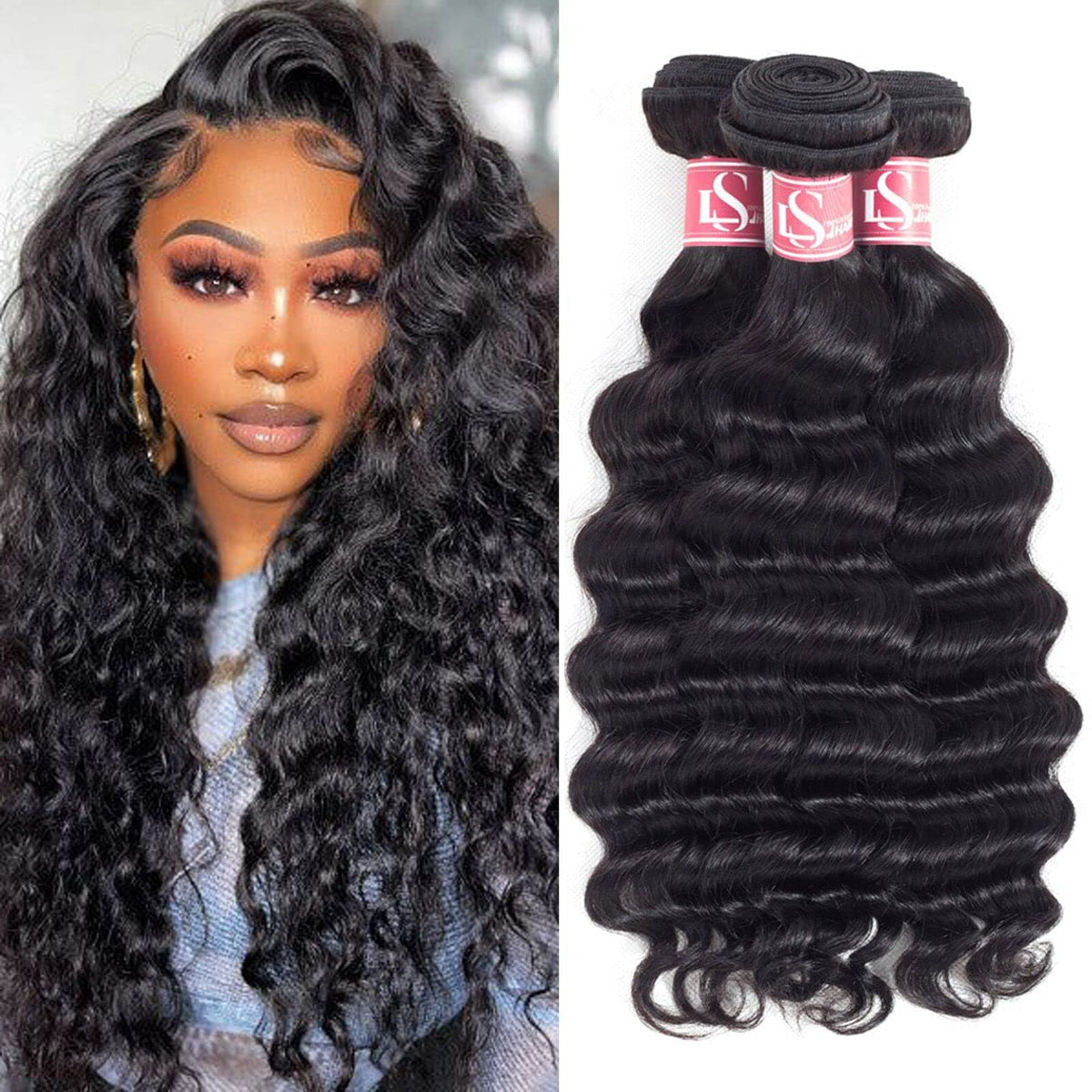 LS HAIR Hair Extension, 3 Bundles 10" 12" 14" 10A Virgin Brazilian Wet & Wavy Deep Curly Human Hair Weave Bundles, Natural Black