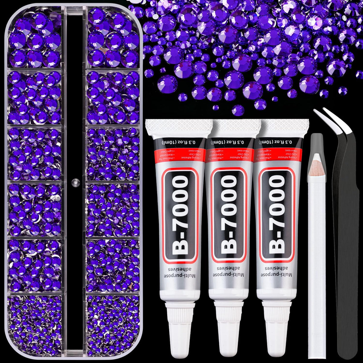Resin Rhinestones for Crafting with B7000 Jewelry Glue, 1 Box Blue Purple Flatback Crystals with 3Pcs 10ml Glue for Bedazzling Crafts DIY Nail Art Makeup,Non Hotfix Gems for Clothing Shoes