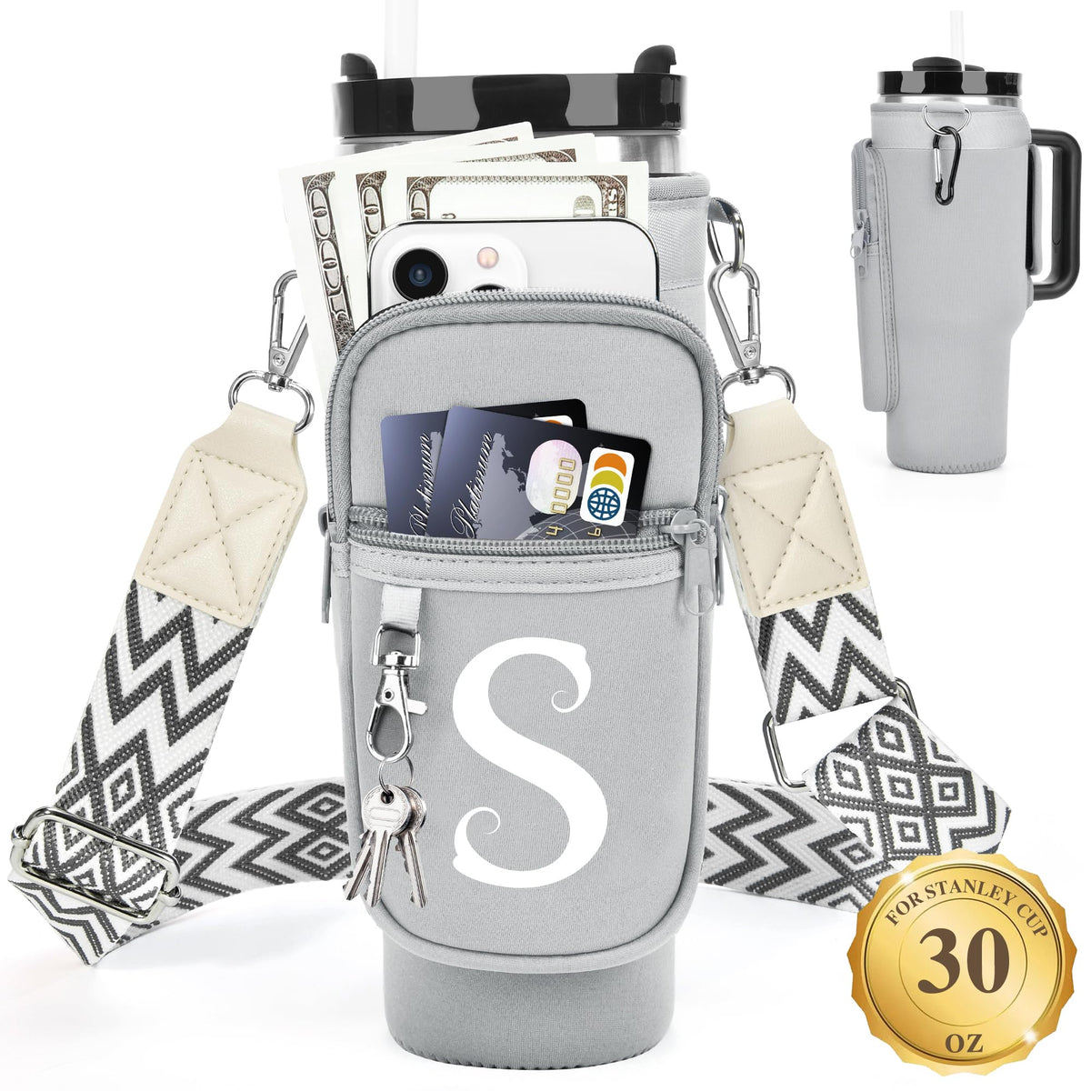 LOKASS Initial Water Bottle Holder with Upgrade Canvas Strap for Stanley 30 oz Tumbler, Gift for Mom Mother's Day Day gifts with Phone Pocket, Personalized Accessories for Stanley Cup, Grey - S