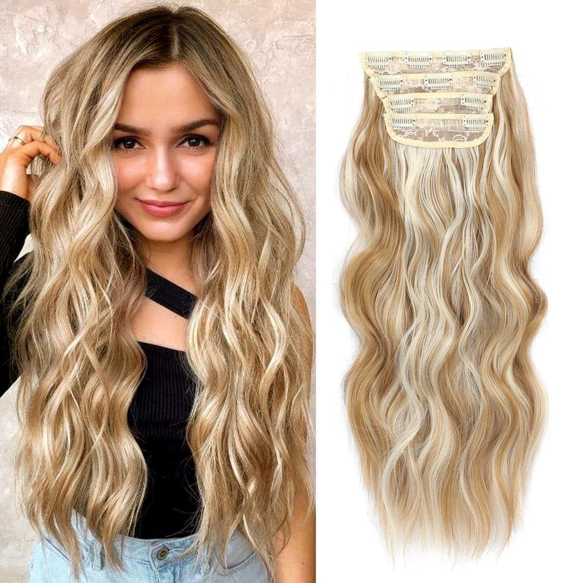 NAYOO Clip in Curly Hair Extensions 4PCS Light Brown Mixed Blonde Long Wavy Synthetic Thick Hairpieces with Fiber Double Weft for Women Hair Full Head(20 inch, Light Brown Mixed Blonde)