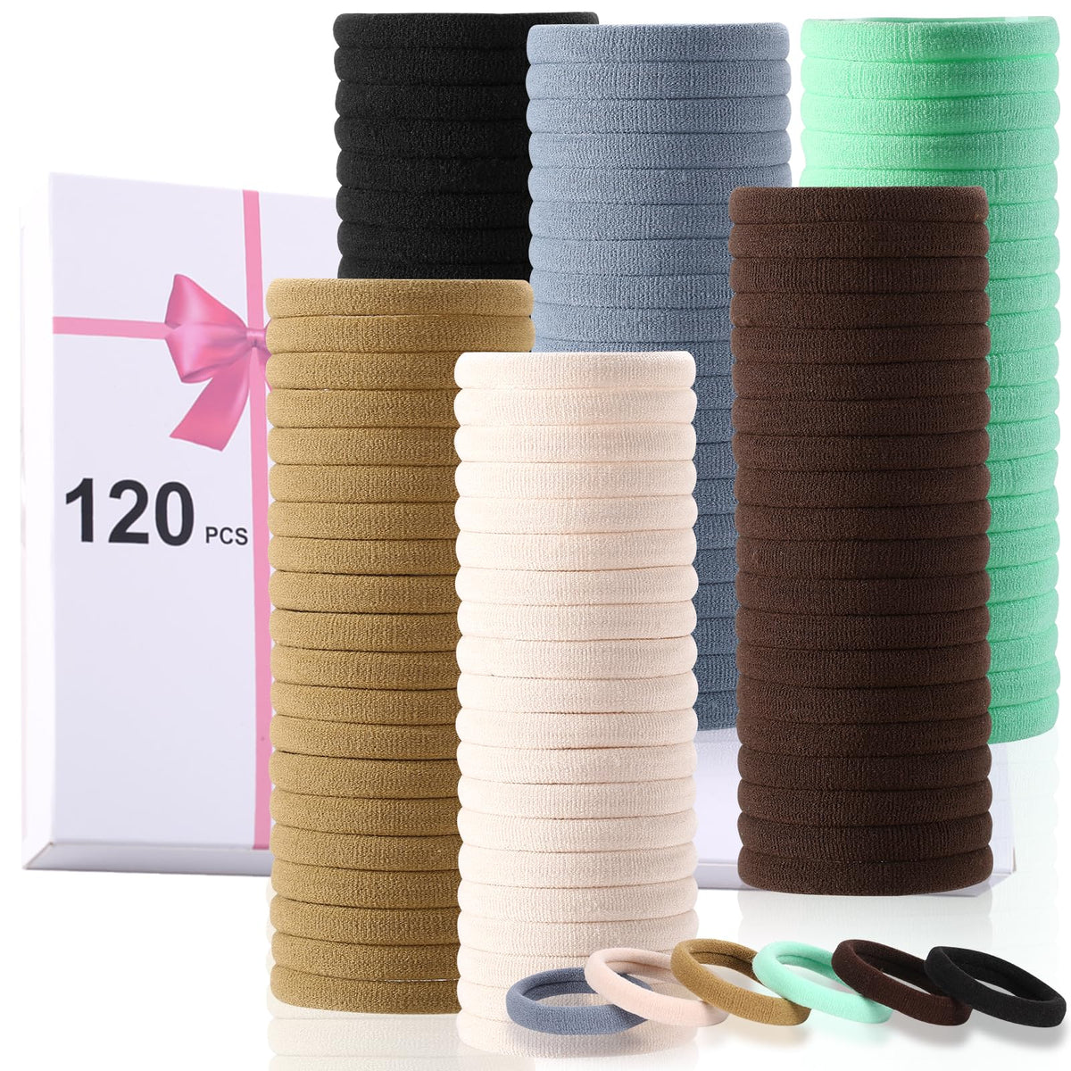 LuSeren 120 Pcs No Damage Hair Ties for Thick Hair, Large Soft Seamless Nylon Hair Elastics for Women, Ponytail Holders, Hair Accessories – Neutral Colors