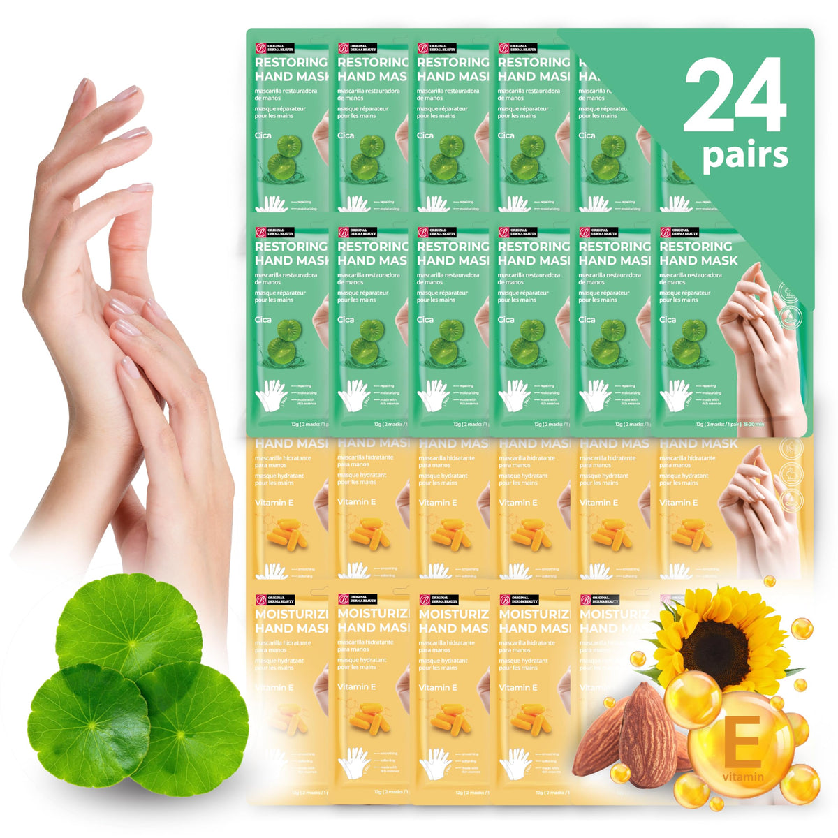 Innerest 24 Pairs Original Derma Beauty Hand Mask Bulk, Moisturizing Hand Gloves for Dry Hands, Nail Care Essential (Cica + Vitamin E)