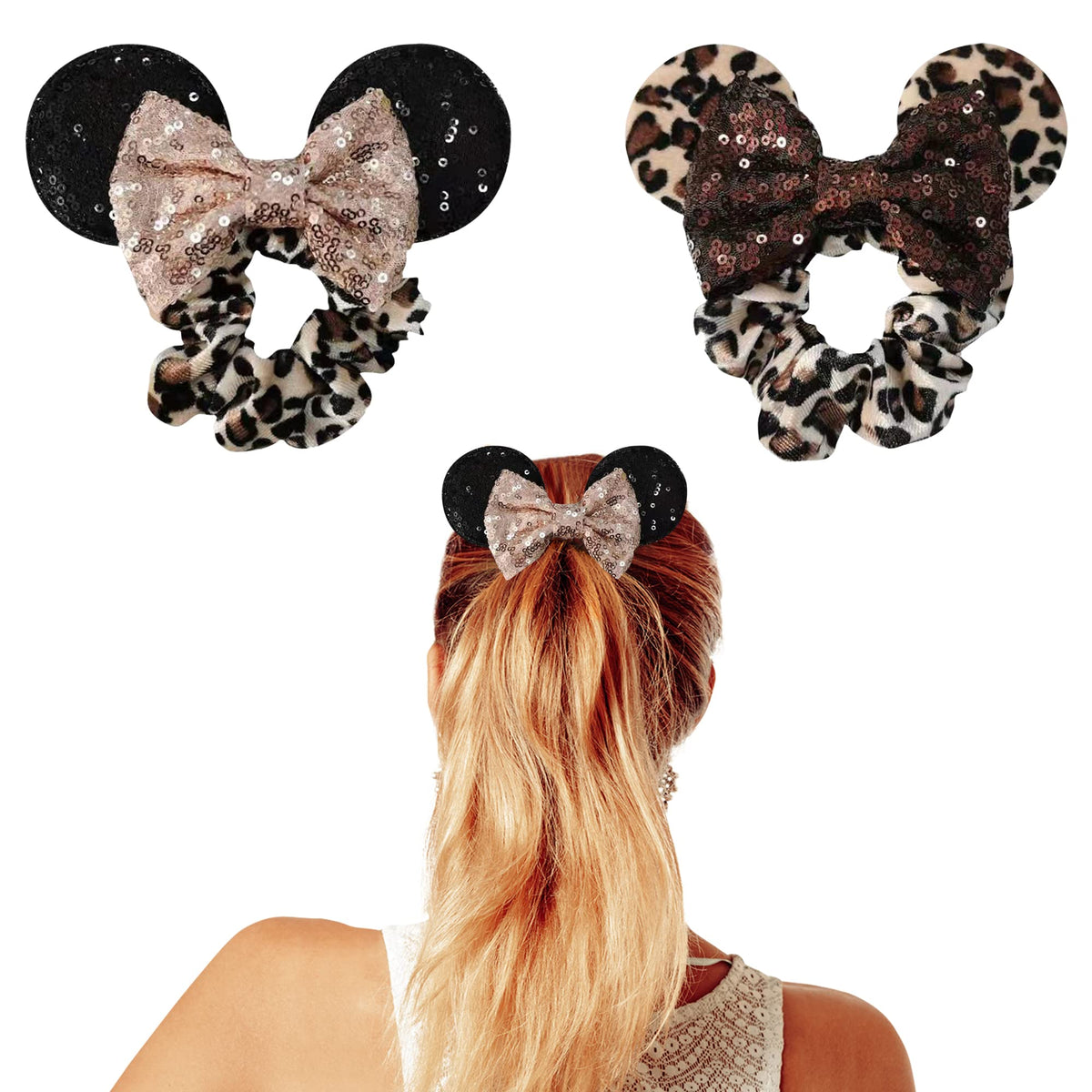 Styla Hair 2pk Mouse Ear Scrunchies for Kids Velvet Hair Bow Scrunchies for Women - Sparkle Sequins Mouse Hair Bands for Pony Tail Orejas de Minnie Mouse (Leopard)