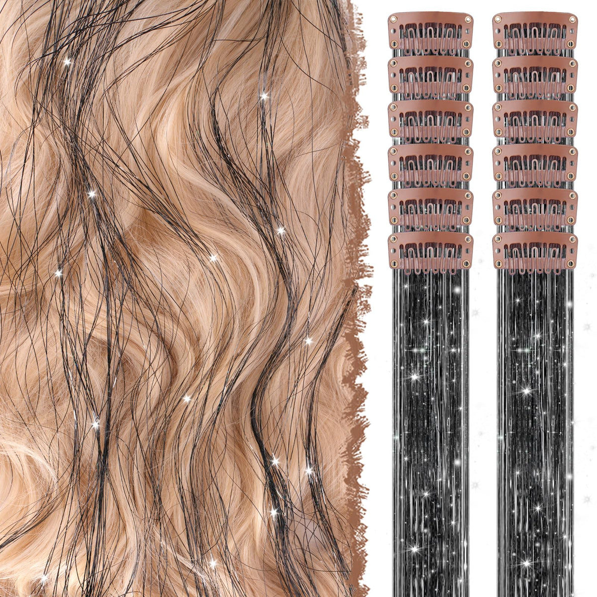 FESHFEN Clip in Hair Tinsel - 12 PCS Black Clip ins Glitter Tinsel Hair Extensions Sparkle Fairy Dazzle Colorful Accessories Kit for Women 20 Inch