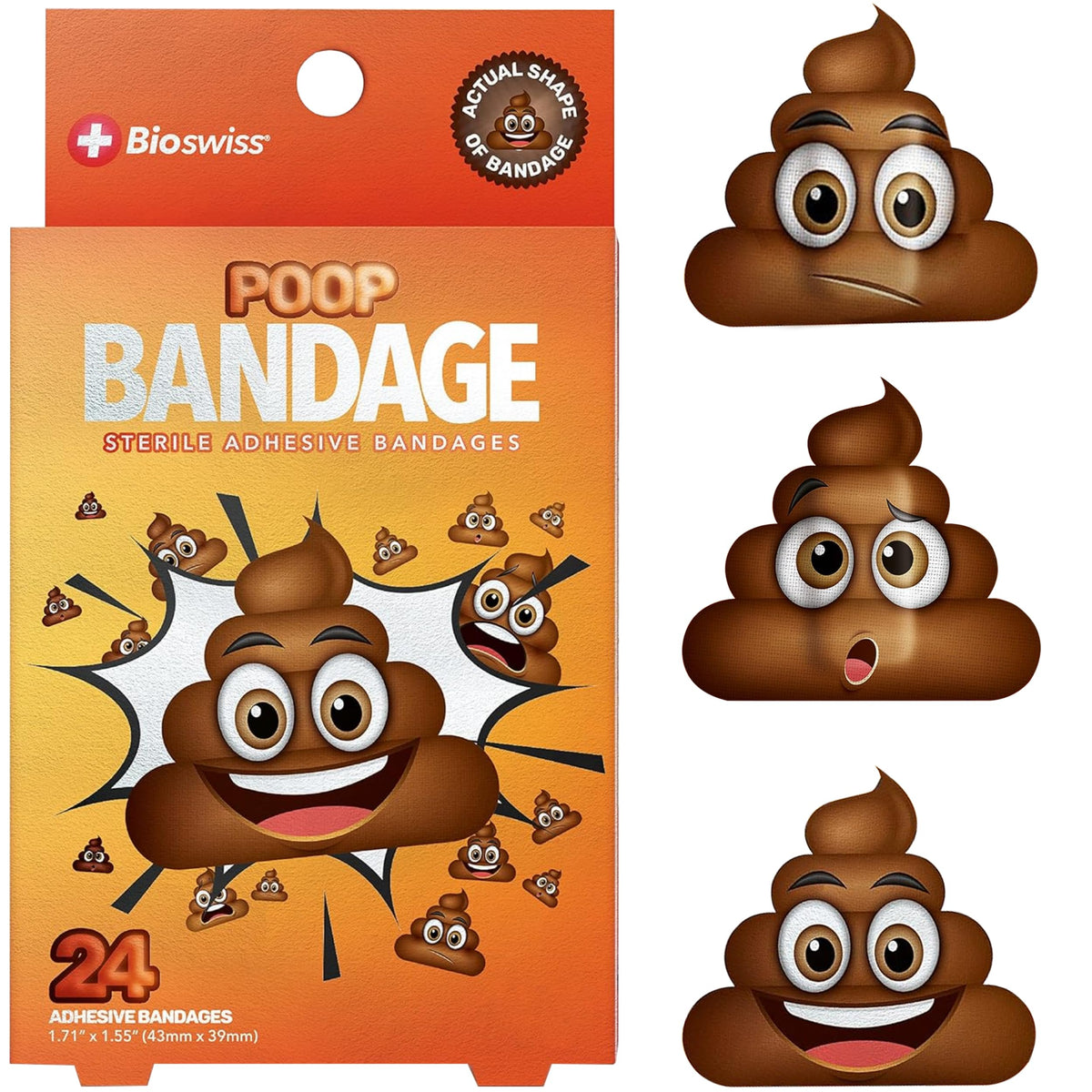 BioSwiss Bandages, Poop Shaped Self Adhesive Bandage, Latex Free Sterile Wound Care, Fun First Aid Kit Supplies for Kids, 24 Count
