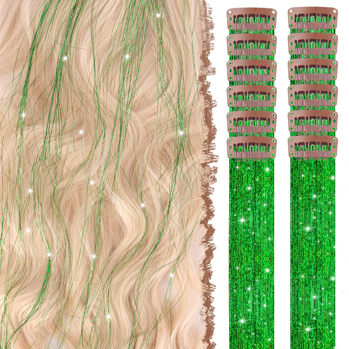 FESHFEN Clip in Hair Tinsel - 12 PCS Green Clip ins Glitter Tinsel Hair Extensions Sparkle Fairy Dazzle Colorful St Patrick's Day Accessories Kit for Women 20 Inch