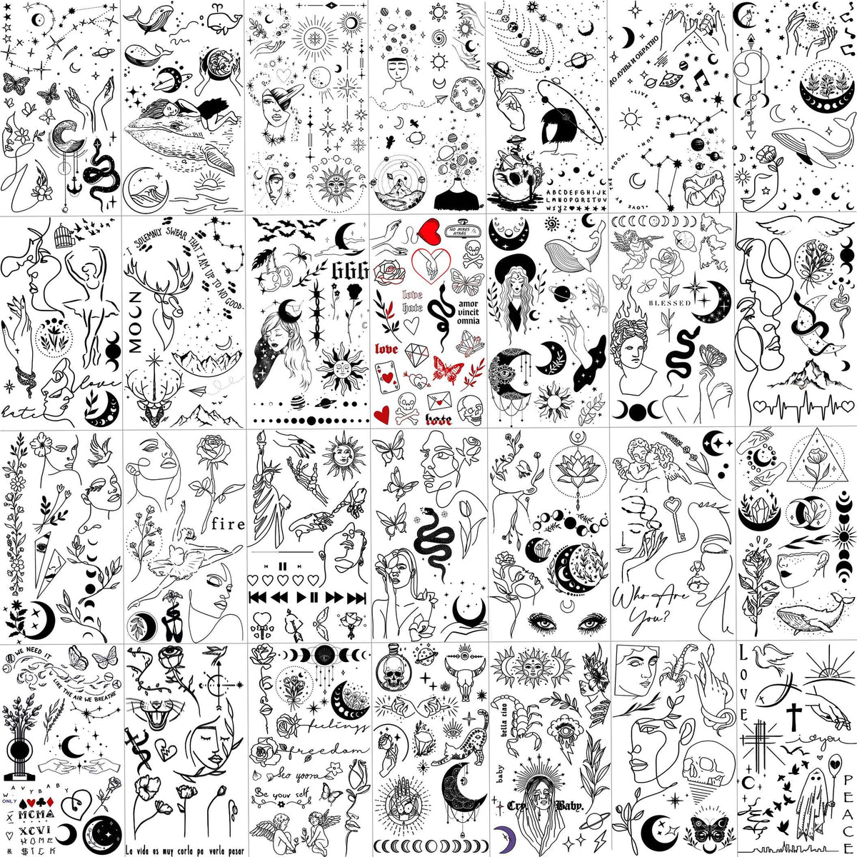 Shegazzi 28 Sheets 220+ Minimalism Temporary Tattoos - Moon, Sun, Stars, Snakes, Flowers for Women, Men, Adults, Kids
