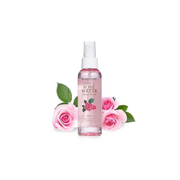 NATURE WELL Rose Water Hydrating Facial Toner Mist for Dewy & Radiant Skin, Refreshing, Conditioning, Soothing, Moisturizing, Perfect Travel, 4 Fl Oz