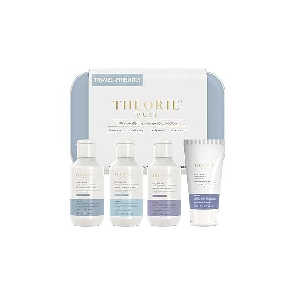 THEORIE PURE Travel Size Toiletries Set - Hypoallergenic Shampoo, Conditioner, Body Wash & Scrub Fragrance-Free, No Sulfates or Parabens Clean Beauty Essentials for Hair Skin