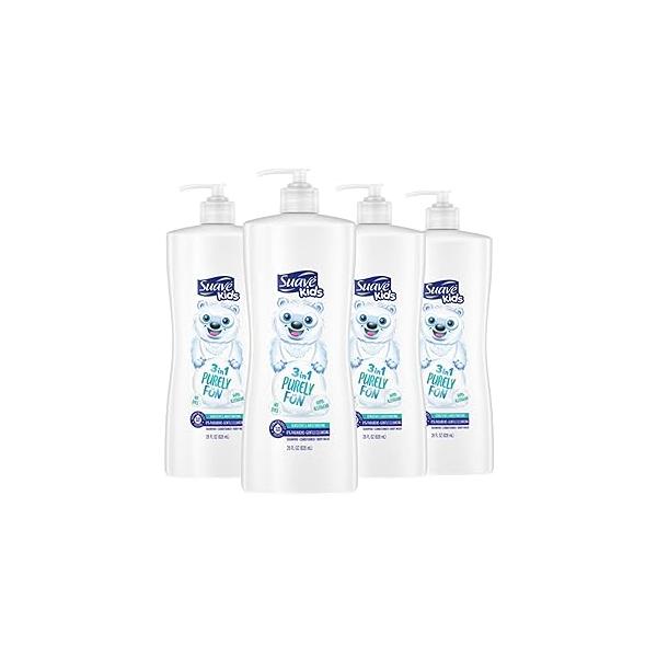 Suave Kids 3-in-1 Shampoo Conditioner Body Wash Purely Fun Makes Bath Time Quick and Easy, Paraben Free Dermatologist Tested 3 in 1 Formula 28 Fl Oz (Pack of 4)