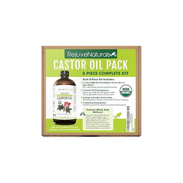 RejuveNaturals Castor Oil Pack - 8 Piece Complete Kit. Includes 16oz Glass Bottle of Organic Oil, Easy to use Compress with Adjustable Fit, 5 Soft Cotton Pads & Soothing Heat Pack..