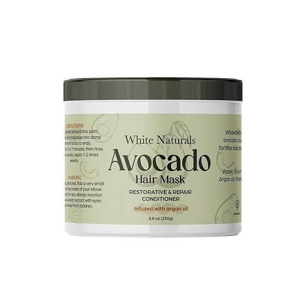 White Naturals Avocado Hair Mask Infused with Biotin for Growth and Volume, Deep Conditioning Cream Healthy Hydrated Thick Hair, Nourishing Oil to Help Restore Damaged Tips