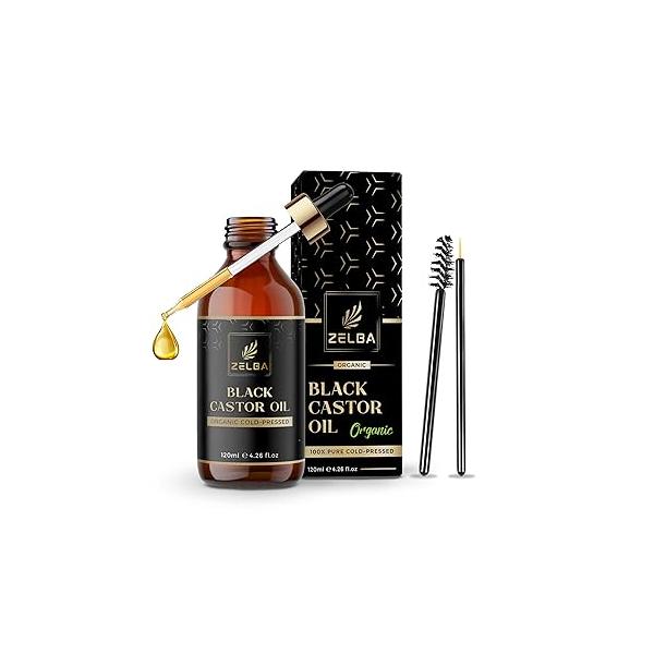 Zelba Organic Jamaican Black Castor Oil - Cold Pressed, 100% Pure & Natural Hair Growth, Eyelash Eyebrow Enhancer, Skin Moisturizer Hexane-Free in Glass Bottle 4.2 fl oz