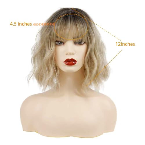 MISSQUEEN Short Ombre Blonde Wigs with Bangs Synthetic Wavy Curly Pastel Blonde Bob Wig for White Women Girl Colorful Cosplay Wig