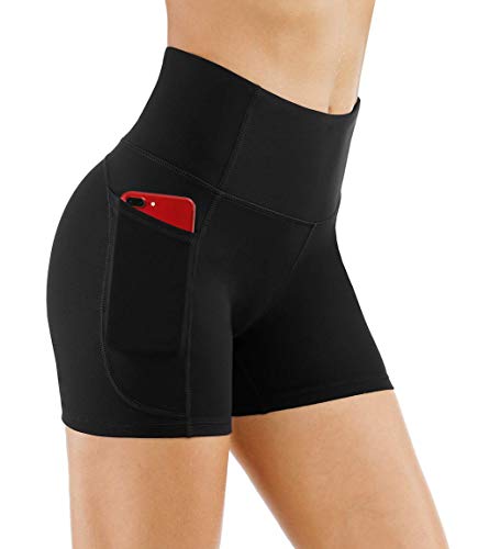 THE GYM PEOPLE High Waist Yoga Shorts for Women's Tummy Control Fitness Athletic Workout Running Shorts with Deep Pockets (Small, Navy Blue)