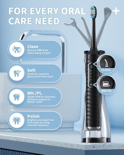 Electric Toothbrush with Water Flosser, 4 in 1 Cordless Toothbrush and Water Flosser Combo for Multiple Users and Needs, Portable for Travel and Home,Black