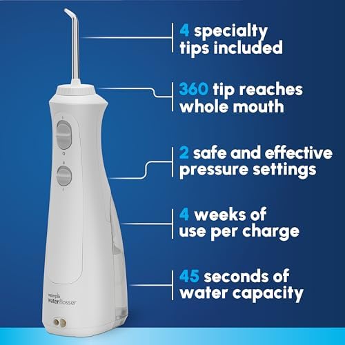 Waterpik Cordless Pearl Rechargeable Portable Water Flosser for Teeth, Gums, Braces Care and Travel with 4 Flossing Tips - ADA Accepted, WF-13 White, Packaging May Vary