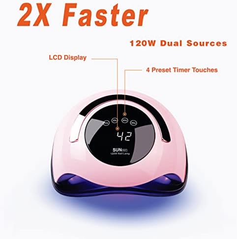 W&H UV LED Nail Lamp, 120W Faster Gel Nail Dryer Professional Curing Lamp for Fingernail and Toenail Nail Gel Polish Machine with 4 Timer Setting Touch Screen （Sun BQ5T） (Pink)