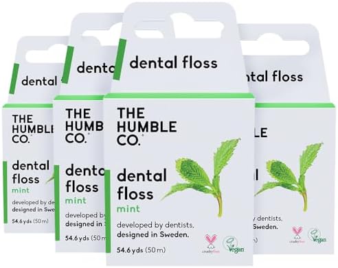 The Humble Co. Dental Floss (4pack) - Vegan, Waxed Dental Floss with Xylitol, 55 Yards of Adult and Kids Floss for Gum Care and Dental Care (Mint)