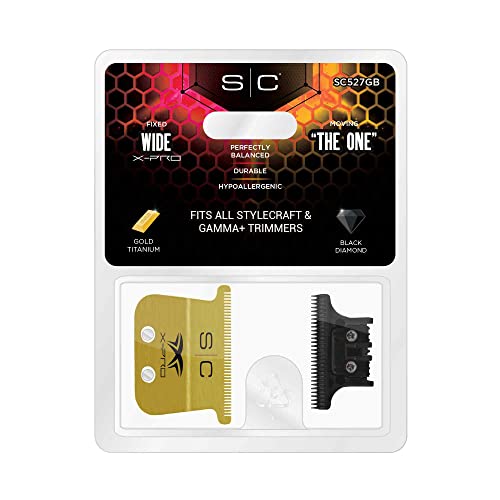 Stylecraft Replacement Fixed Gold Titanium X-Pro Wide Hair Trimmer Blade with Black Diamond Carbon DLC The One Cutter Set