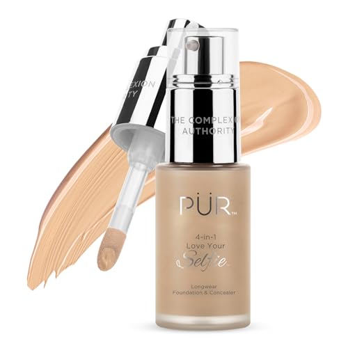 PÜR MINERALS 4-in-1 Love Your Selfie Longwear Foundation & Concealer, Full Coverage Liquid Foundation, Hydrating Formula, Cruelty Free