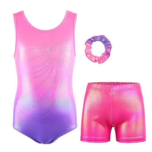 MODAFANS Leotards for Girls Gymnastics with Shorts Ballet Dance Set Activewear with Hair Scrunchie Pink Diamond Star,10-11Years